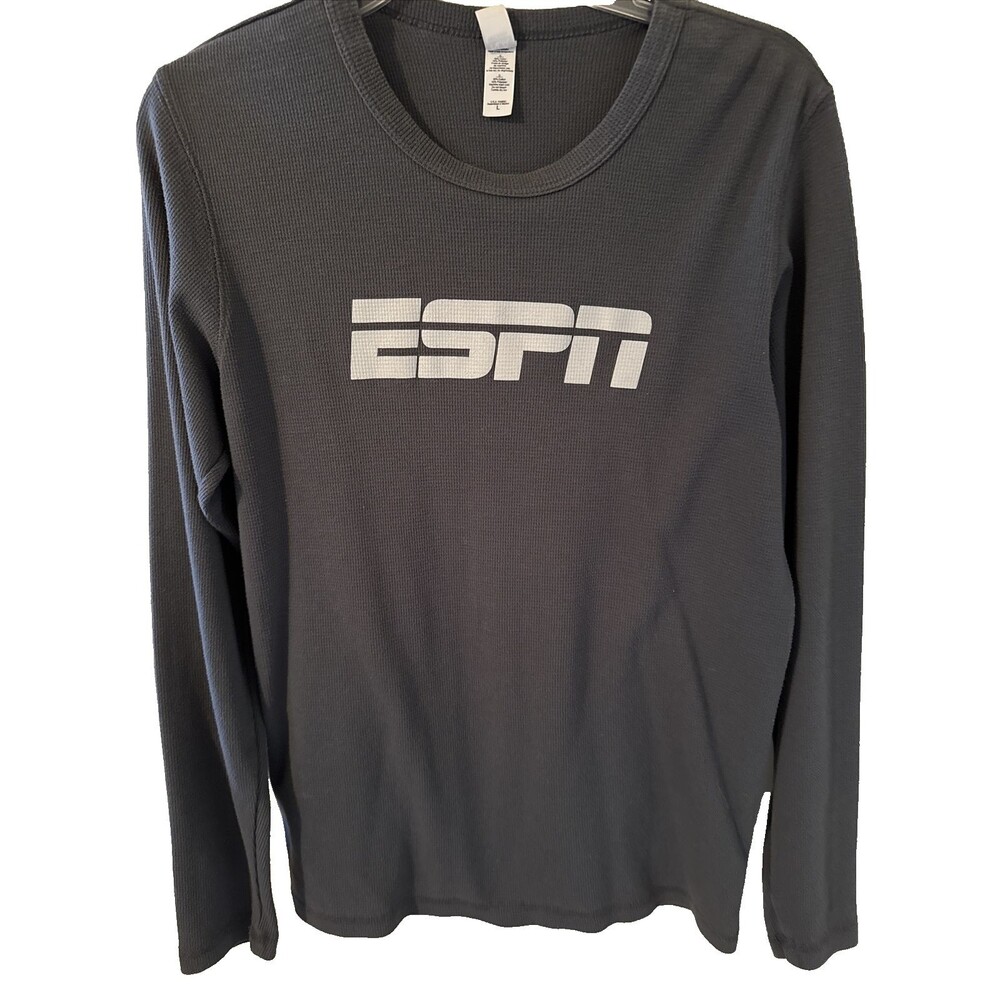 ESPN Logo Crew Neck, Waffle, Long Sleeve Shirt, L, Dark Gray
